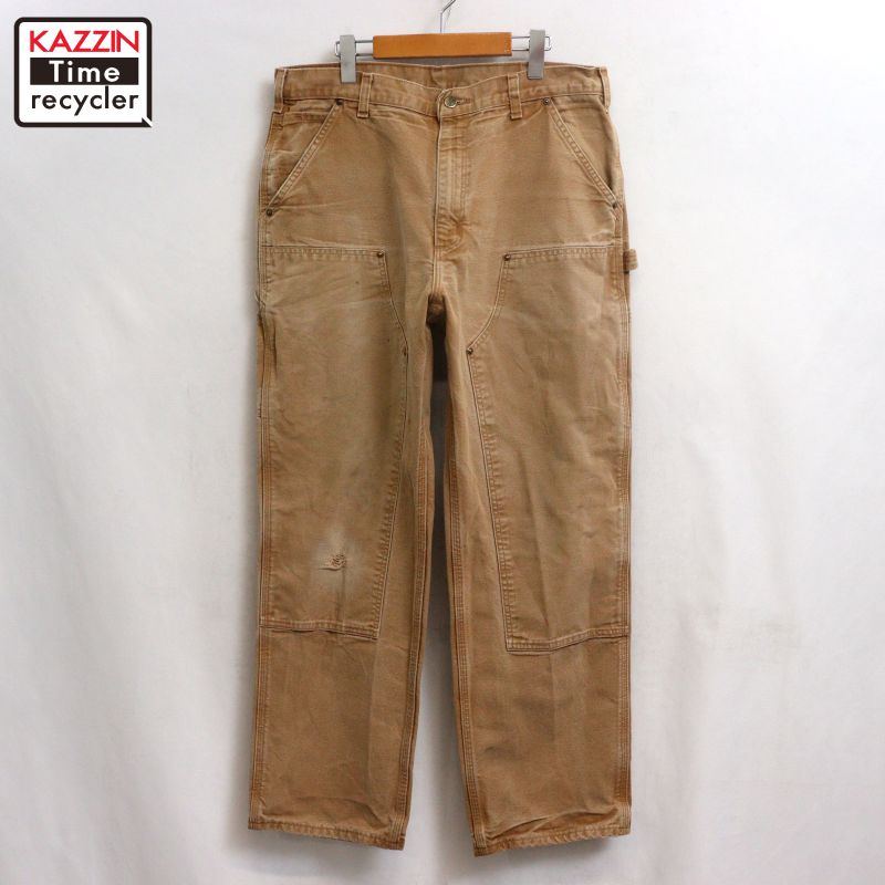 【中古】00s 鉄道車両ハート形 Carhartt ダブルニー 間鴨 ペインターパンツ 古着  メンズ 書きあらわす34-32大きさ ベージュ