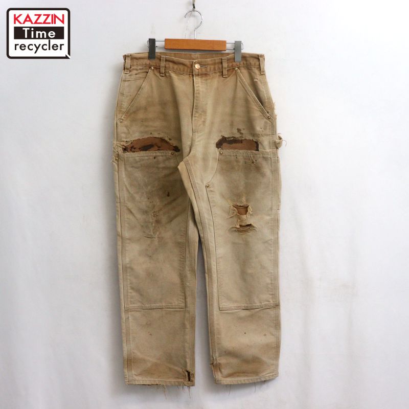 P10倍 【中古】00s USA製 鉄道車両ハート形 Carhartt ダブルニー 間鴨 ペインターパンツ 古着  メンズ 書きあらわす34-30大きさ ベージュ