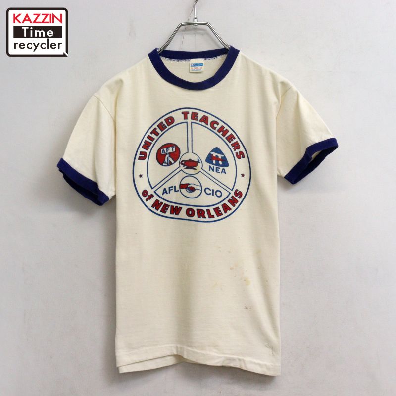 【中古】70s USA製 ヴィンテージ チャンピオン Champion バータグ 染み込みプリント リンガーTシャツ 古着 メンズ 表記Mサイズ ホワイト|Vintage古着屋 KAZZINTimerecycler