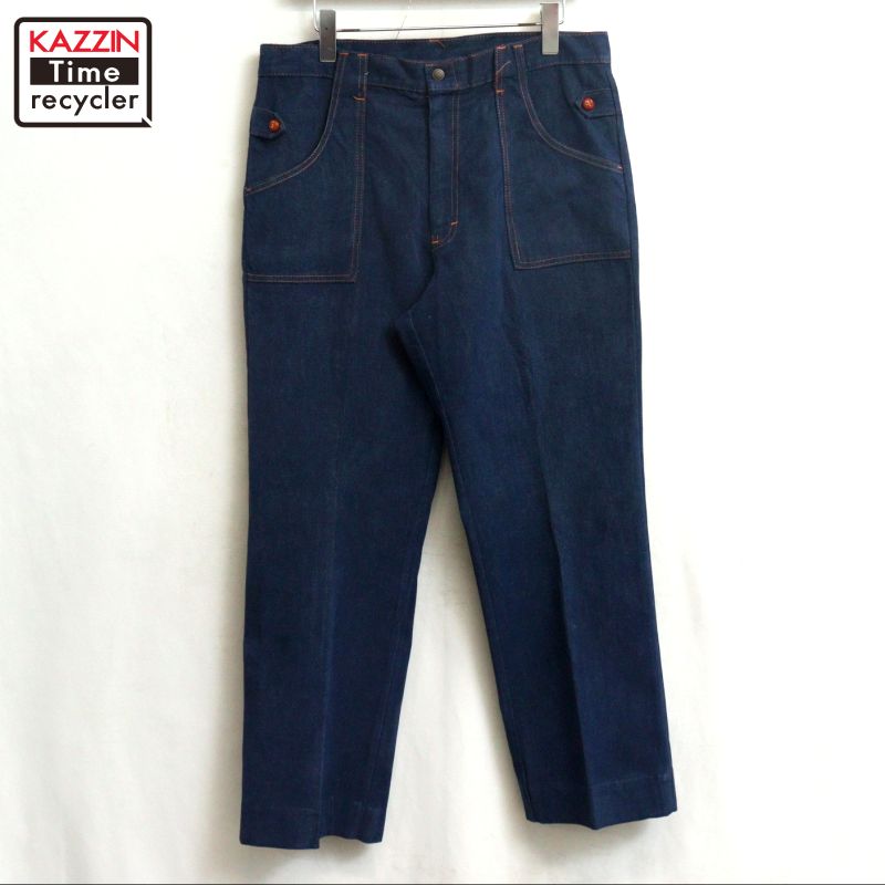 【中古】70s ヴィンテージ ベイカーポケット デニムパンツ 古着  メンズ Lサイズ相当 ネイビー