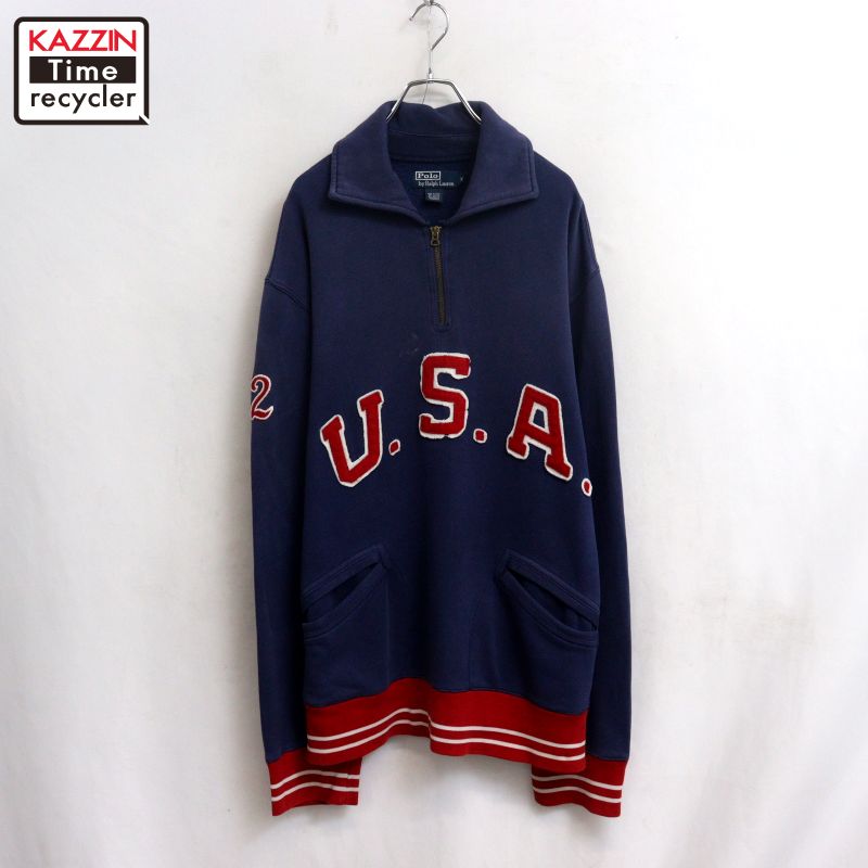 【中古】00s ラルフローレン RALPH LAUREN ハーフジップ ティーシャツ 汗水 調教師 古着  メンズ 書きあらわすXXL大きさ ネイビー・レッド・ホワイト