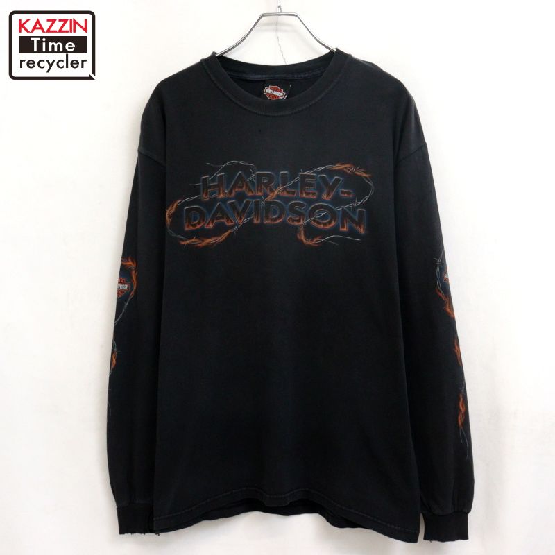 【中古】00s ハーレーダビッドソン HARLEY DAVIDSON 袖プリ バイ鉄道車両 自動二輪車 荊棘線 長袖Ｔシャツ 古着  メンズ L大きさ好いかげんに 黒いこと