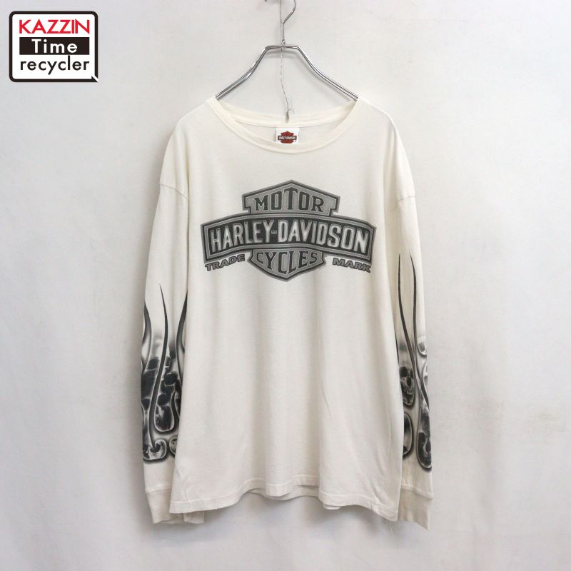 【中古】00s USA製 ハーレーダビッドソン HARLEY DAVIDSON スカル ファイヤー 長袖Ｔシャツ 古着  メンズ 書きあらわすL大いさ 白いこと メンズファッション-トップス-Tシャツ・カットソー