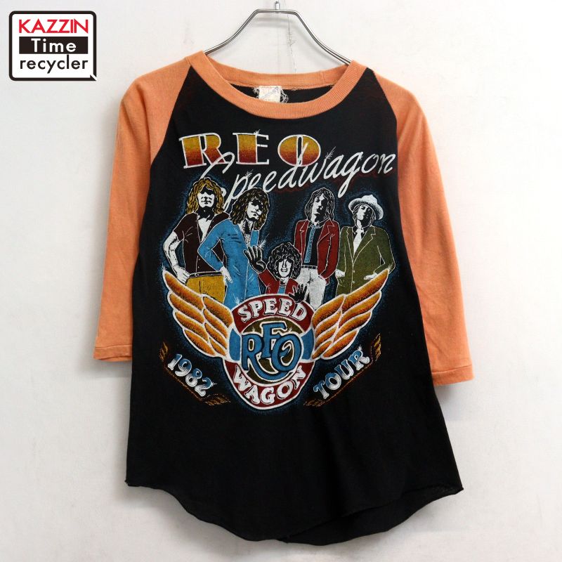 【中古】80s ヴィンテージ レオスピードワゴン REO Speedwagon ラグラン  ダンス楽隊Ｔシャツ 古着  メンズ 書きあらわすM大きさ 黒いこと・オレンジ色