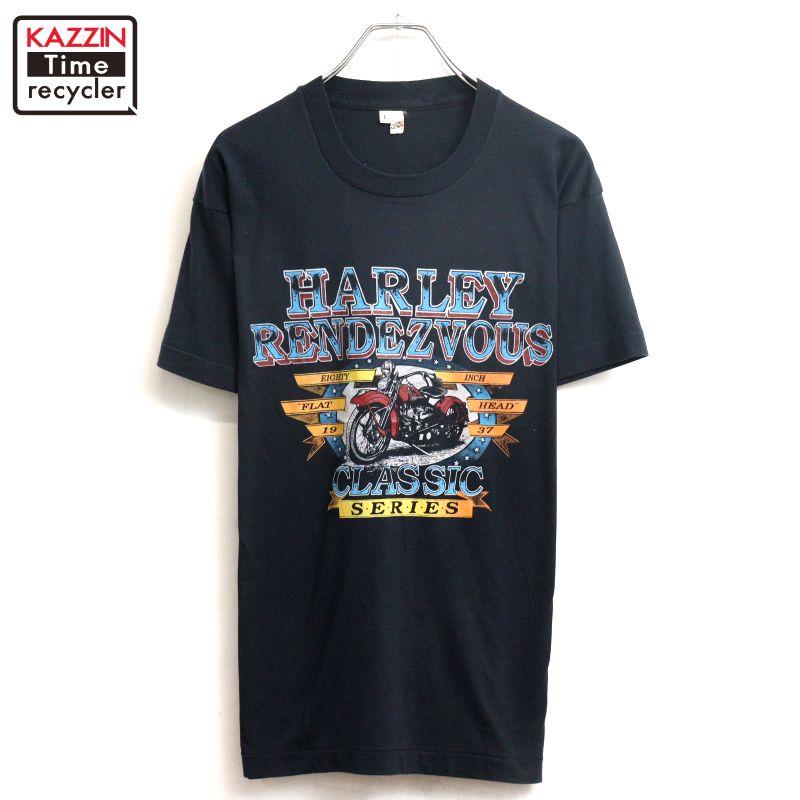 【中古】80s USA製 ヴィンテージ ハーレーダビッドソン HARLEY DAVIDSON HARLEY RENDEZVOUS 半袖Ｔシャツ 古着  メンズ 書きあらわすL大いさ 黒いこと