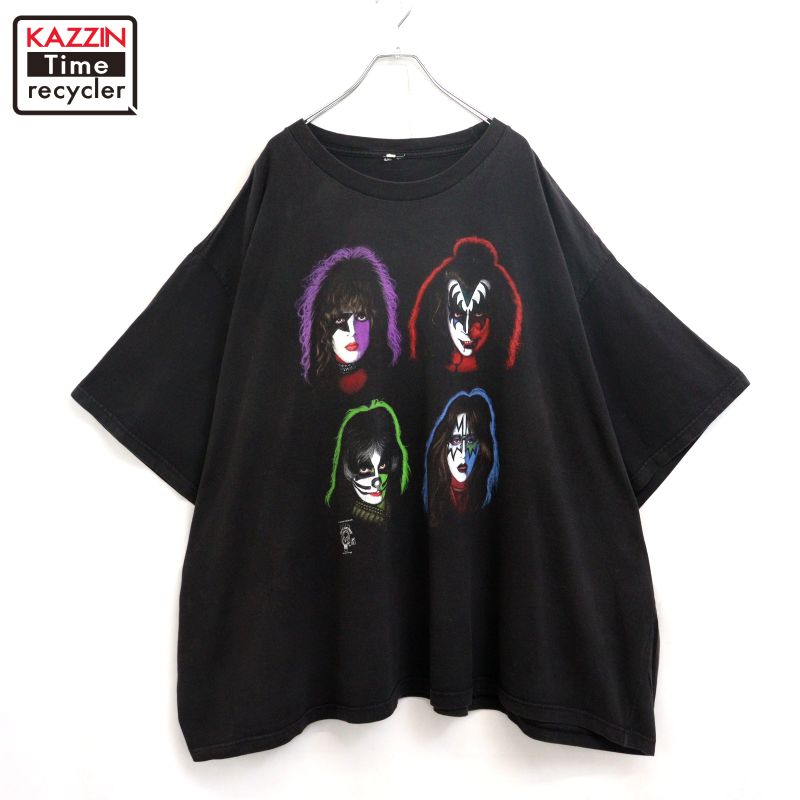 【中古】90s ヴィンテージ KISS 口付け 周波数帯域Ｔシャツ 古着  メンズ XL~大いさ好いかげんに ビッグ大いさ 大層らしい大いさ 黒いこと