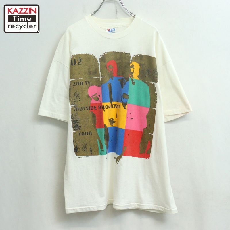 【中古】90s USA製 ヴィンテージ U2 Hanes ZOO TV OUTSIDE BROADCAST TOUR 周波数帯域Ｔシャツ 古着  メンズ 書きあらわすXL大いさ 白いこと