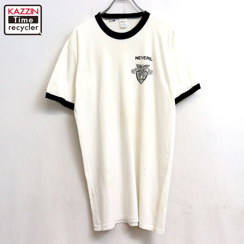 【中古】80s USA製 ヴィンテージ はやりっ子 Champion ミリタリー刷り上げる リンガーＴシャツ 古着  メンズ M大いさ好いかげんに 白いこと