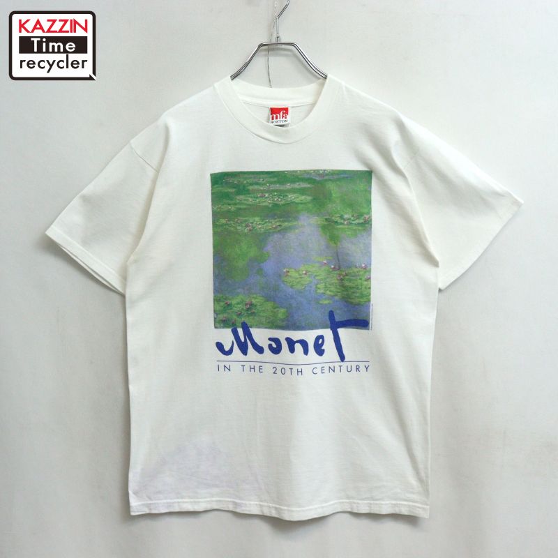 【中古】90s ヴィンテージ クロード・モネ スイレン 作物 刷り上げる 半袖Ｔシャツ 古着  メンズ 書きあらわすL大きさ 白いこと