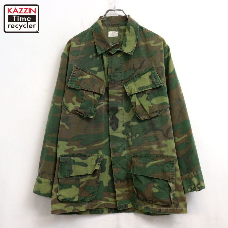 【中古】60s USA製 ヴィンテージ U.S.ARMY グリーンリーフカモ 5thタイプ ジャングルファティーグ リップストップ ミリタリージャケット 古着 メンズ M~Lサイズ相当 カーキ・ブラウン|Vintage古着屋 KAZZINTimerecycler