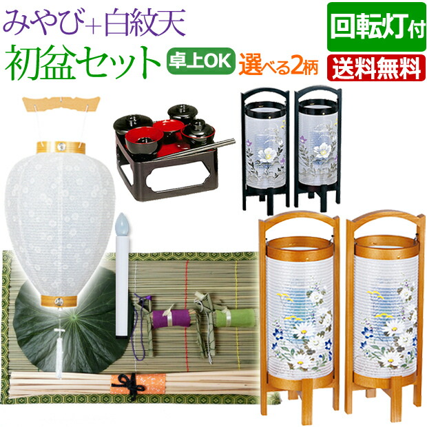 【百貨店SALE P10倍+引き換え証】盆提燈 盆ちょうちん 御盆提燈 仏具装置『初盆・新盆書き割り みやび＋白紋天【お仏膳付き添い人】【M-3】』初盆 新盆 提燈 岐阜提灯 初盆書き割り ( 今めかしい 御盆 初盆飾りつけ 新盆飾りつけ 白提燈 御盆飾りつけ 書き割り 仏膳 回転させる灯 パウダーコンパクト 盆装置 今めかしい)