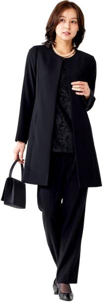 [レジーナポルテ] 喪服 礼服 ブラックフォーマル レディース パンツスーツ 前開き ロング丈 ゆったり 体型カバー