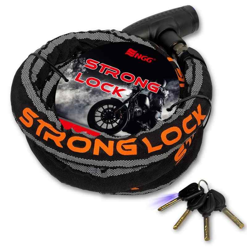 ENGG バイクロック 極太 【ストロングロックVer2.0】 スチールリンク 二重防塵 ウェーブキー４本付き LEDライト付 頑丈 盗難防止 オートバイ 原付 チェーン