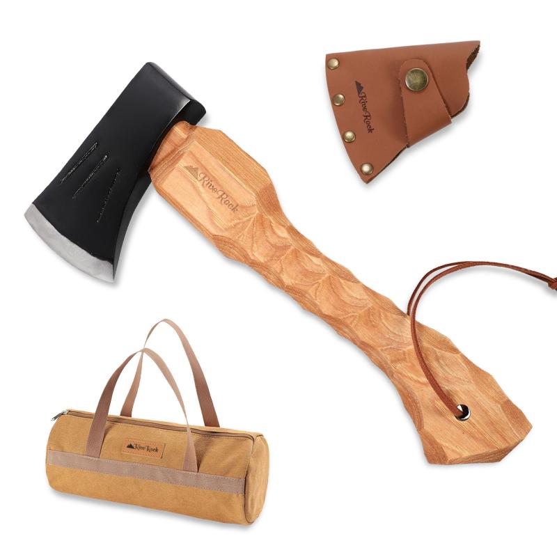 RiveRock(リバロック) ショートハチェット 薪割り手斧 レザーカバー付き キャンプ 名栗加工 帆布バック 研磨・刃付き 斧 アックス 砥石付き 収納バック画像