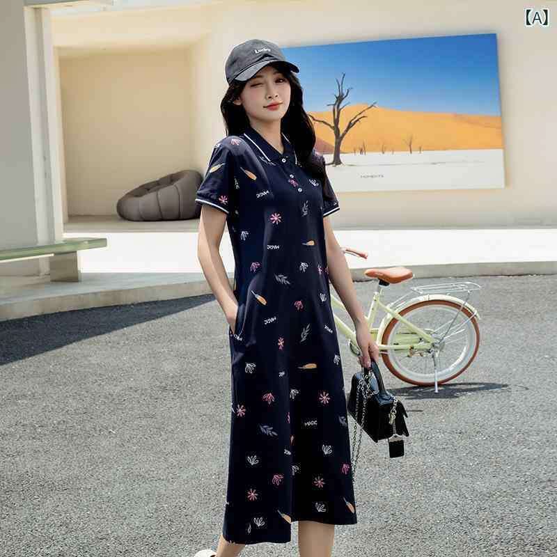 衣裳 レディース 綿織物混 膝下丈 ティーシャツ衣裳 傍え隠し付き添い人 半袖 襟付き添い人 刷り上げる柄 ゆったり 体型取りまかなう 成年者愛くるしげ ロング丈 ロング衣裳 春夏 心地好い 普段着 動き分かりやすい