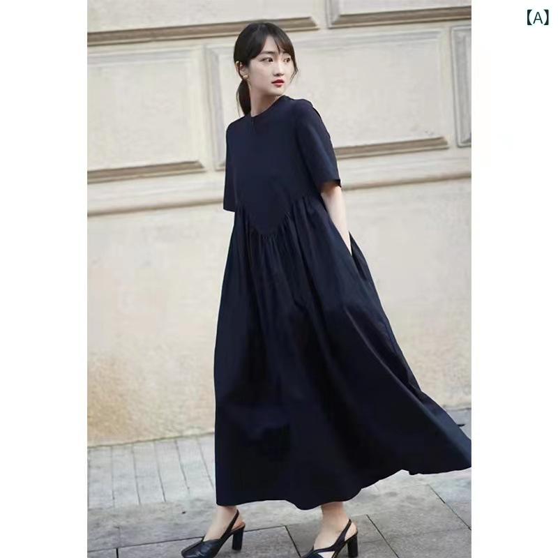衣装 レディース 半袖 ロング丈 綿織物混素材 労働者の一団のど首 無地 ゆったり うつり変わり ギャザー 通い 通学 お出かけ 体型押しかぶせる 動き分かりやすい 自然的 分かりやすい たまり場 春夏