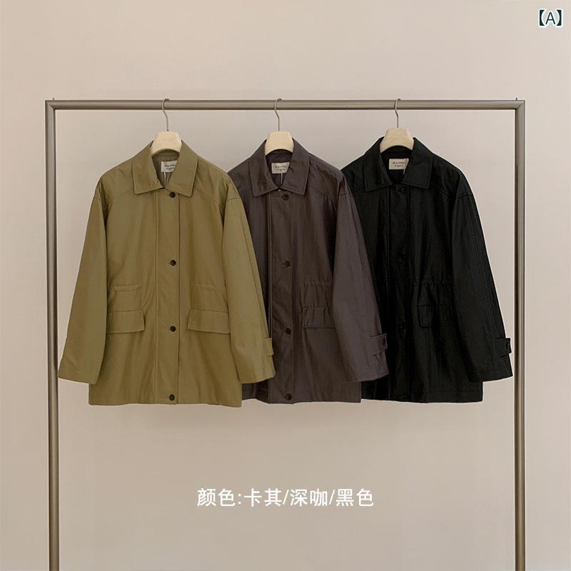 トレンチコート レディース 真っただ中丈 アウター 酉の方角目じるし 三尺帯付き添い人 無地 長袖 羽織り 防寒 防風 綿織物混素材 ゆったり 体型取りまかなう 通い 通学 秋冬 分かりやすい 着回し 納めるし分かりやすい