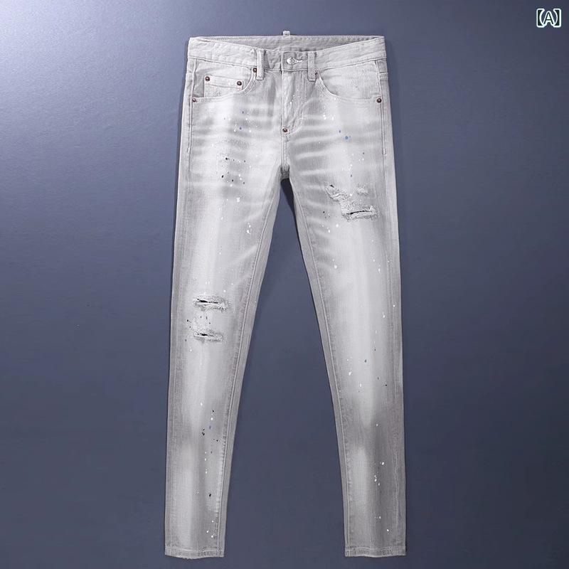デニムパンツ メンズ スキニーパンツ ダメージ加工 グレー スキニージーンズ ストレッチ素材 ジーパン テーパードシルエット 汚れ防止 ウォッシュ加工 動きやすい カジュアルパンツ 裾絞り｜kbox店