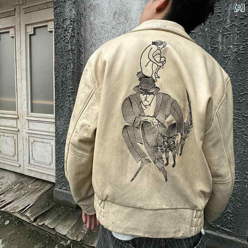 レザージャケット メンズ アウター ヴィンテージ加工 重厚感 刺繍入り 革レザー風 防寒着 バイク用 ライダースジャケット 動きやすい カジュアル ストリート系 秋冬 ブラック 黒色|kbox店