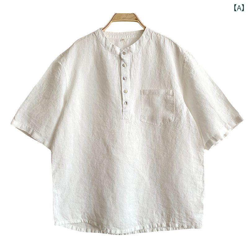 シャツ メンズ 半袖 リネン混 カジュアルシャツ ポケット付き アロハシャツ風 トップス 夏服 通気性 羽織り 無地 シンプル 涼しい 快適 軽量 柔らかい 肌触り良い 夏物 普段着 レジャー お出かけ｜kbox店