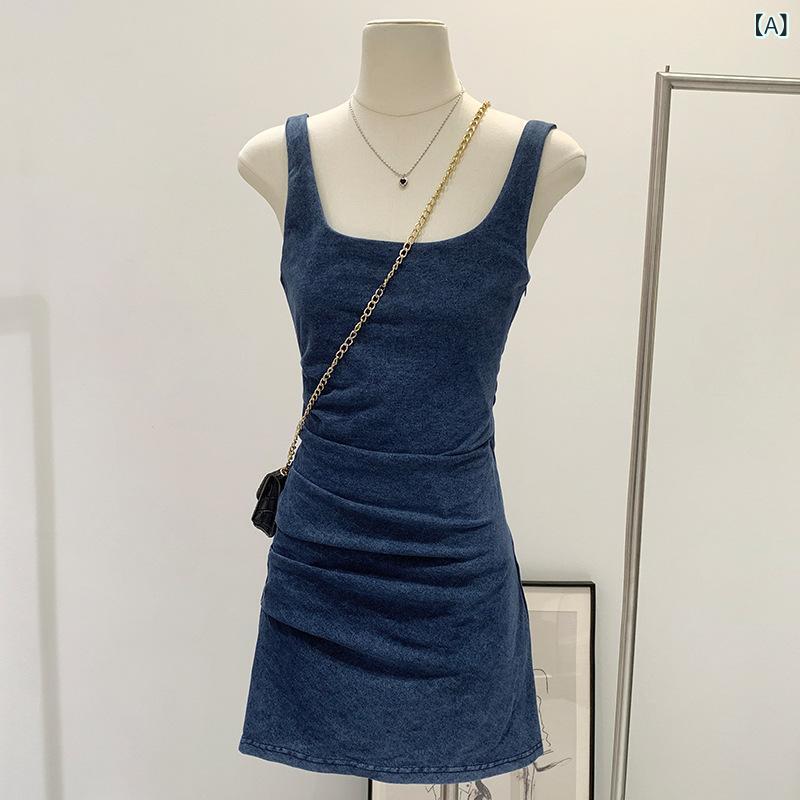 デニムワンピース レディース 吊りスカート タイトシルエット ミモレ丈 コットン混素材 ハイウエスト ボディライン強調 体型カバー ノースリーブ 膝丈スカート 美脚効果 春夏コーデ｜kbox店