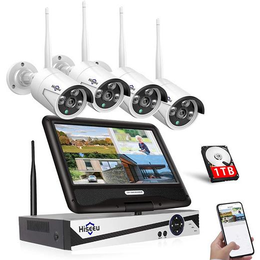 ワイヤレス防犯カメラセット Hiseeu 屋外セキュリティカメラ 10.1イン NVR 8チャンネルまで増設可 カメラ4台 300万画素 遠隔監視 HIS-B07Q2XL2VR[ライフインテリア専門店]