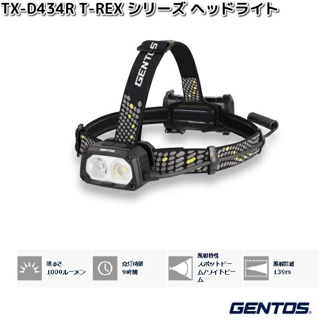 GENTOS ジェン放り投げる TX-D434R T-REX 続きもの LED 前照燈 1000lm【お取り寄せ商いもの】御役目灯  防災 震災 アウトドア 夜魚釣り 沖釣り ともし火