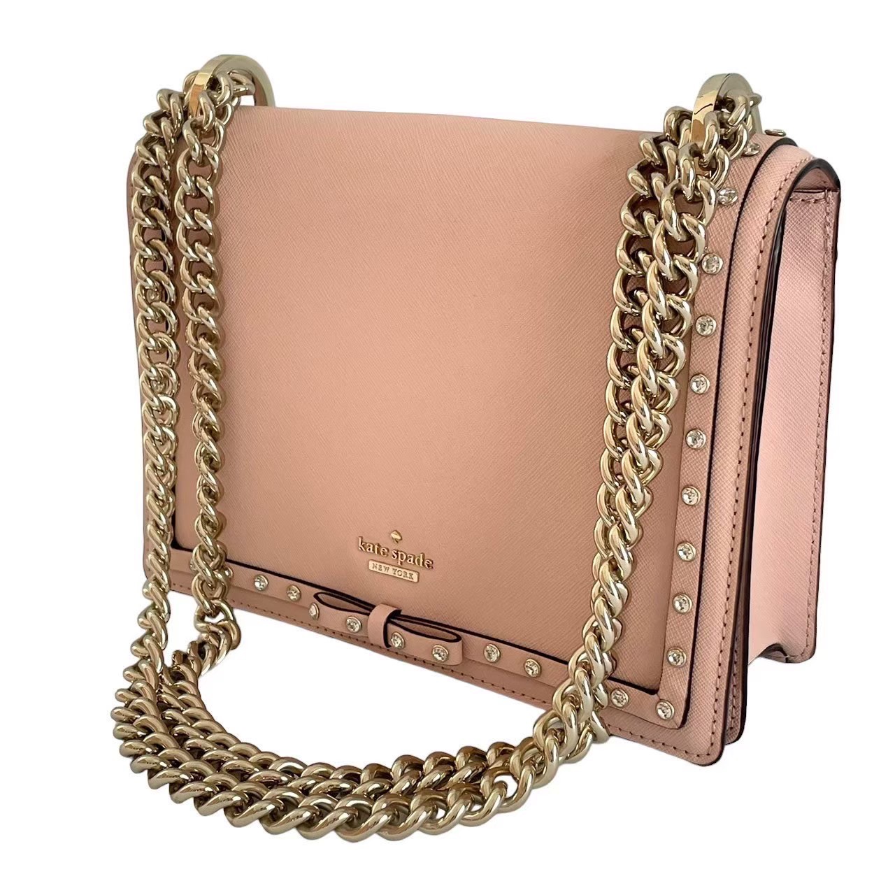 「中古」kate spade SATURDAY ケイトスペード チェーン店  ショルダーバッグ 御徒面子 シュロの葉 伝達ルート石ころ なめし革 サクラ色 レディース