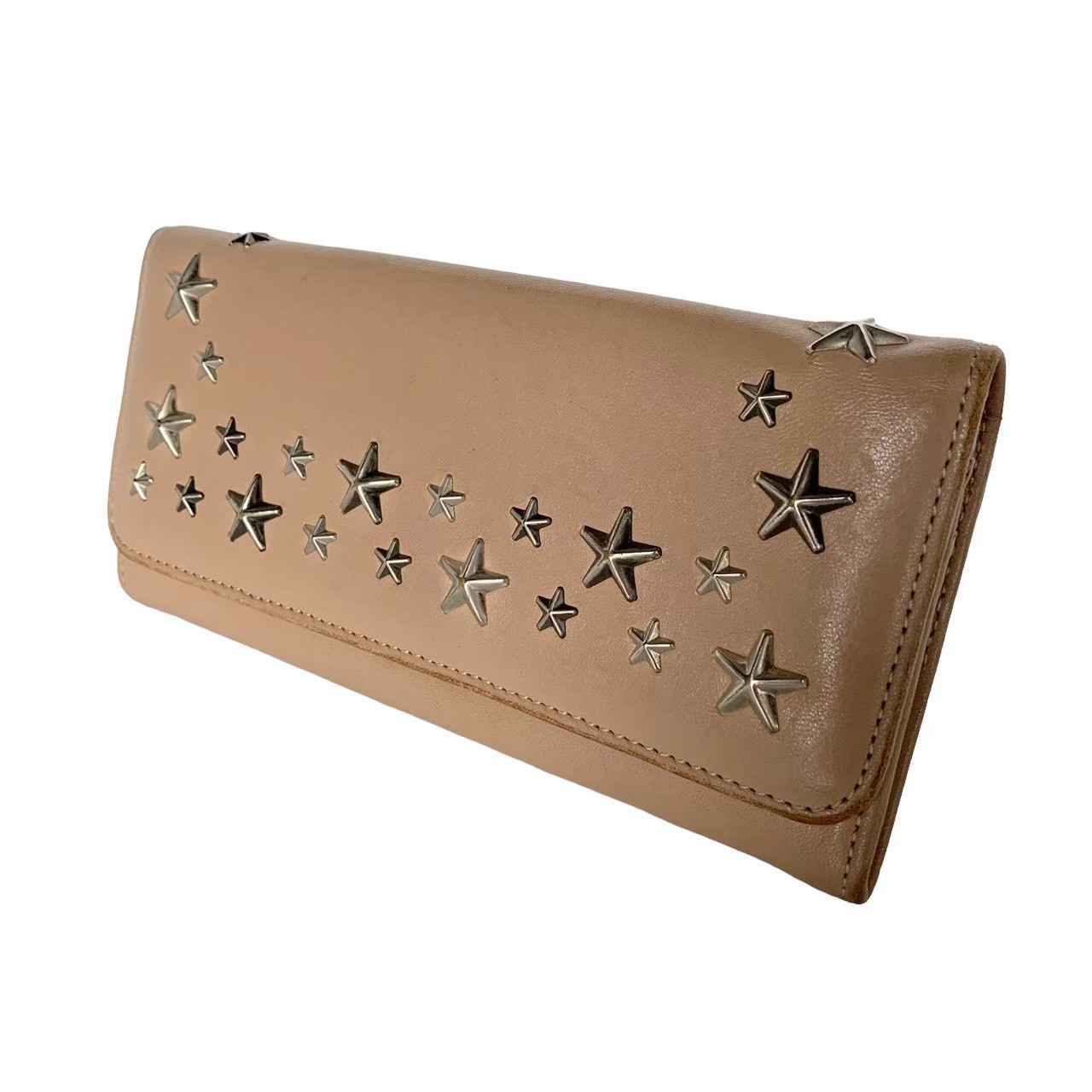「中古」JIMMY CHOO ジミーチュウ NINO ニノ 二つ折り 長札入れ ウォレット スタースタッズ 星 サクラ色ベージュ ロングフラップウォレット レディース バッグ・小物・ブランド雑貨-財布・ケース