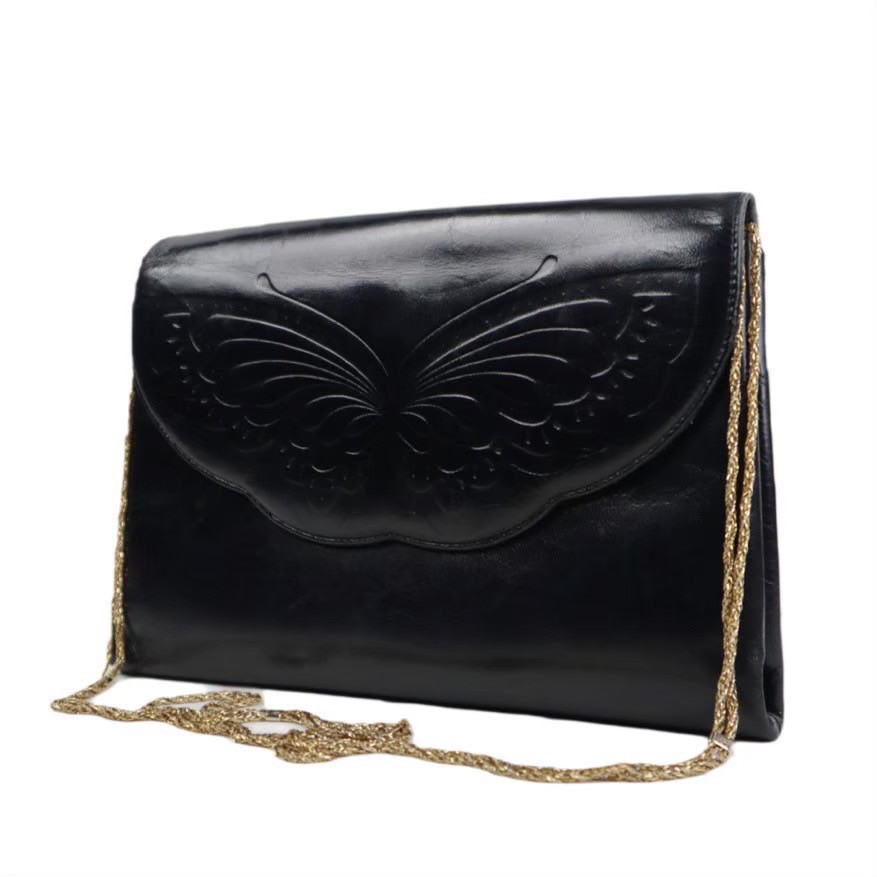 ［中古］HANAE MORI ハナエモリ チェーン店ショルダーバッグ 夢見鳥 蝶 黒 なめし革 レディース 寄りあい御徒面子