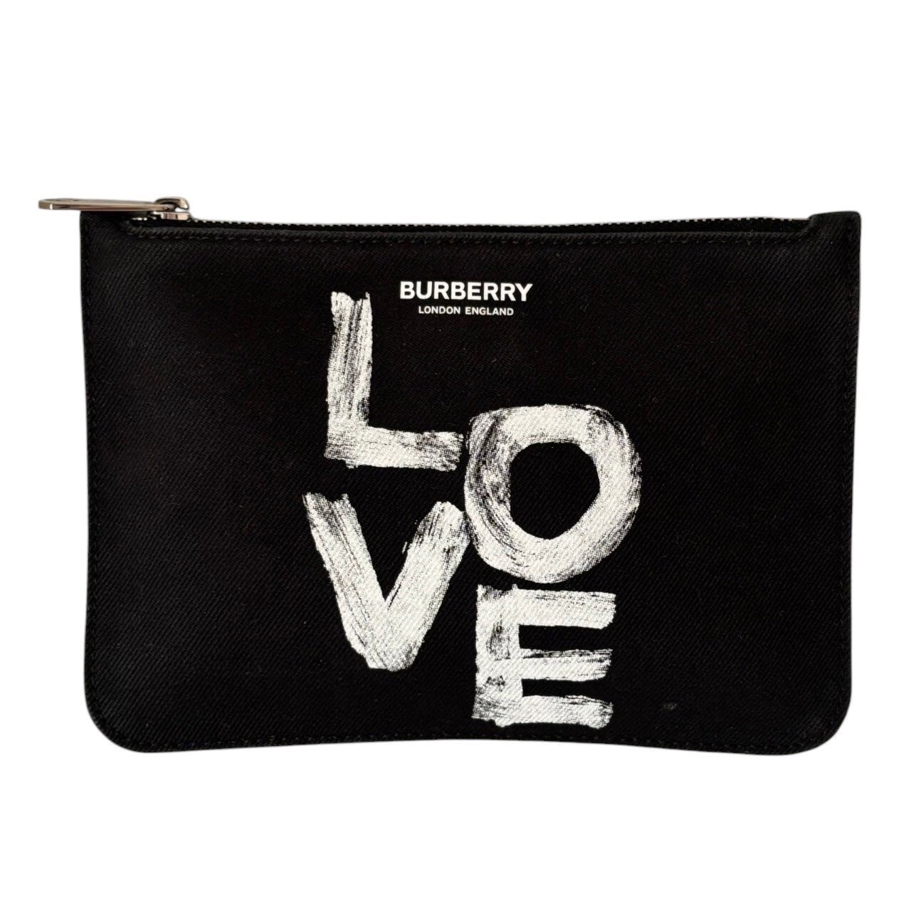 「中古」BURBERRY バーバリー ポーチ 黒 小物 LOVE 小物入れ クラッチポシェット ミニポーチ 手書き風 ロゴ キャンバス レディース