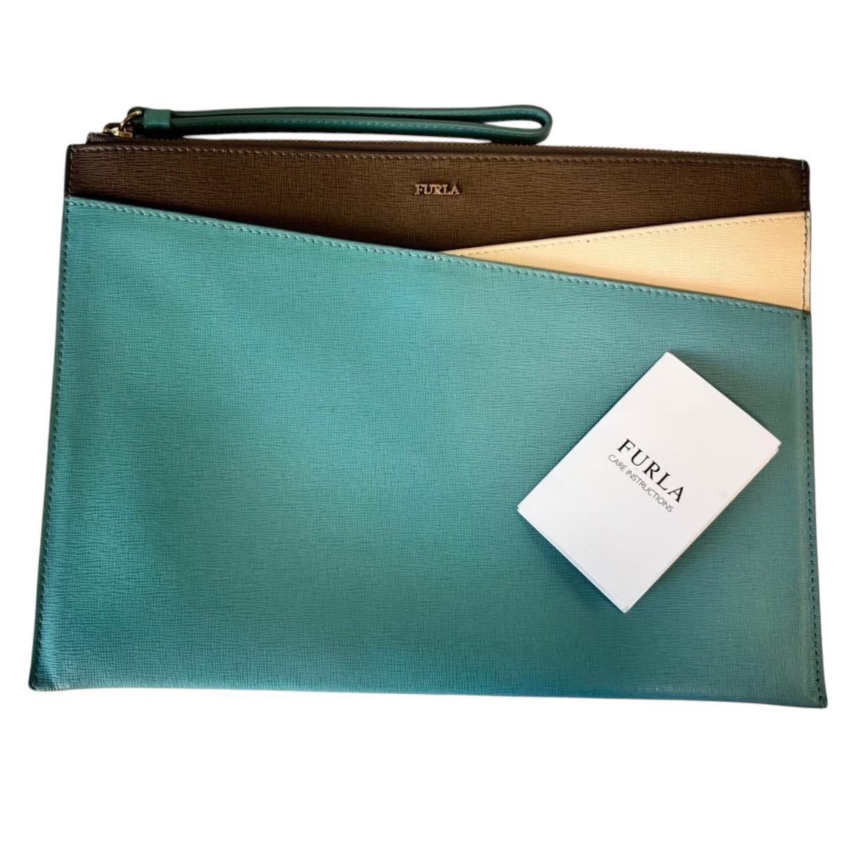 「中古」FURLA フルラ 御徒面子 流行り物 クラッチペダル御徒面子 商品目録ネットボール 青色 赤銅色 白いこと なめし革 同盟罷工一回り 歌留多付き添い人 チャック ブランド名 レディース バッグ・小物・ブランド雑貨-バッグ