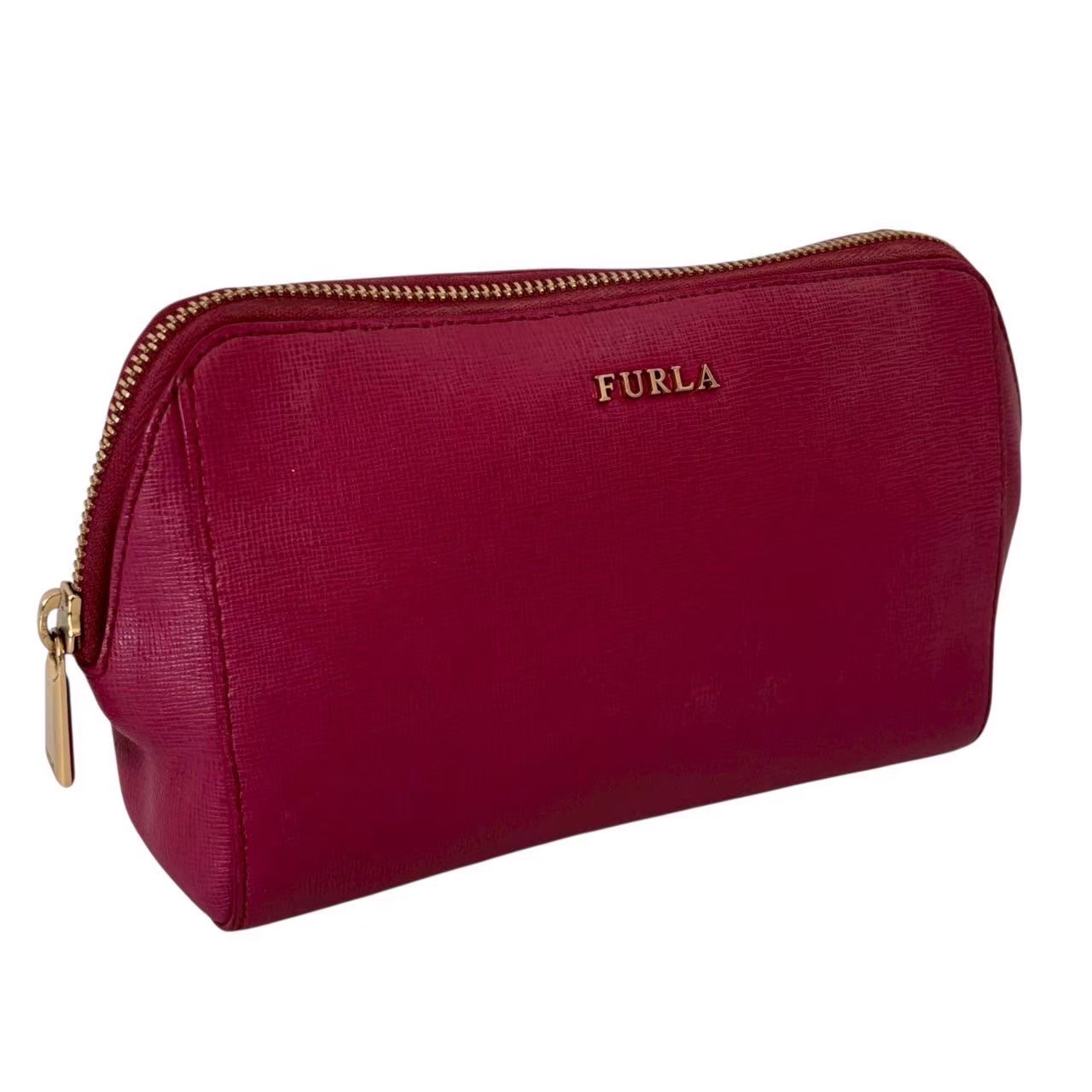 「中古」FURLA フルラ ポーチ 化粧ポーチ 小物入れ ブランド 小物 ピンク ゴールド 無地 シンプル レザー ロゴ ファスナー コスメ レディース