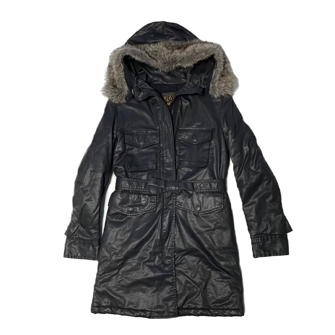 ［中古］DIESEL ディーゼル ファッション アパレル コート ロングコート ダウン ライナー付 RN93243 ブラック 黒 XS フード付き ファー取り外し可 ベルト 無地 かっこいい 冬 防寒 綿 ポリウレタン レディース