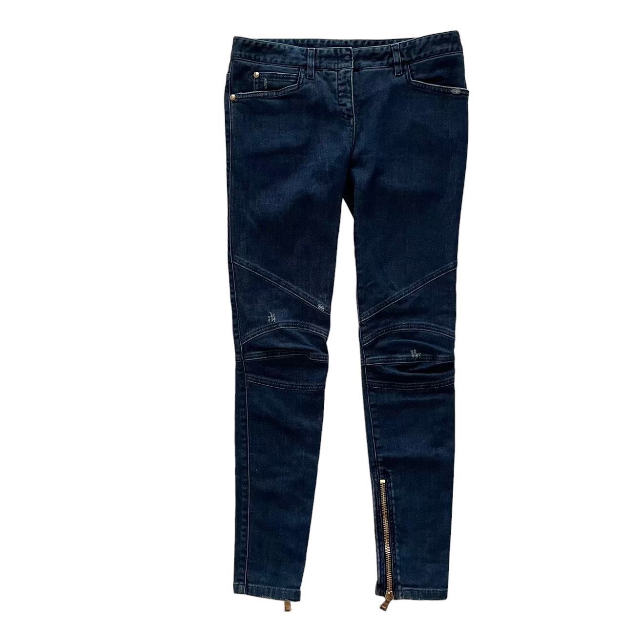 「中古」BALMAIN バルマン デニム ボトムス アパレル ファッション ダメージ 裾ファスナー ブルー ライン イタリア製 コットン ポリウレタン ３６サイズ 約Sサイズ相当 おしゃれ かっこいい レディース