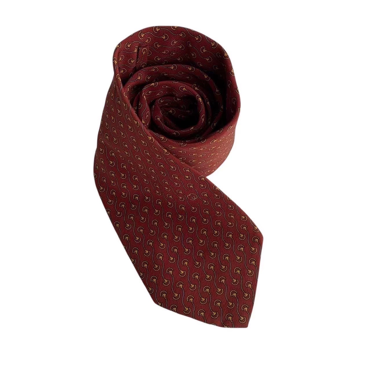［中古］GUCCI グッチ ネクタイ ブランド 小物 スーツ ファッション レッド ワイン イエロー 赤 黄色 シルク 絹 イタリア製 チェーン柄 総柄 小紋柄 ビジネス 紳士 メンズ