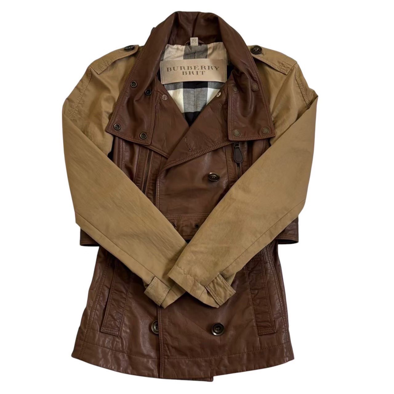 「中古」BURBERRY バーバリー 上着 ブランド 服 ファッション アパレル チェスタージャケット ベージュ ブラウン 茶 アウター Sサイズ カーフレザー 綿 おしゃれ メンズ