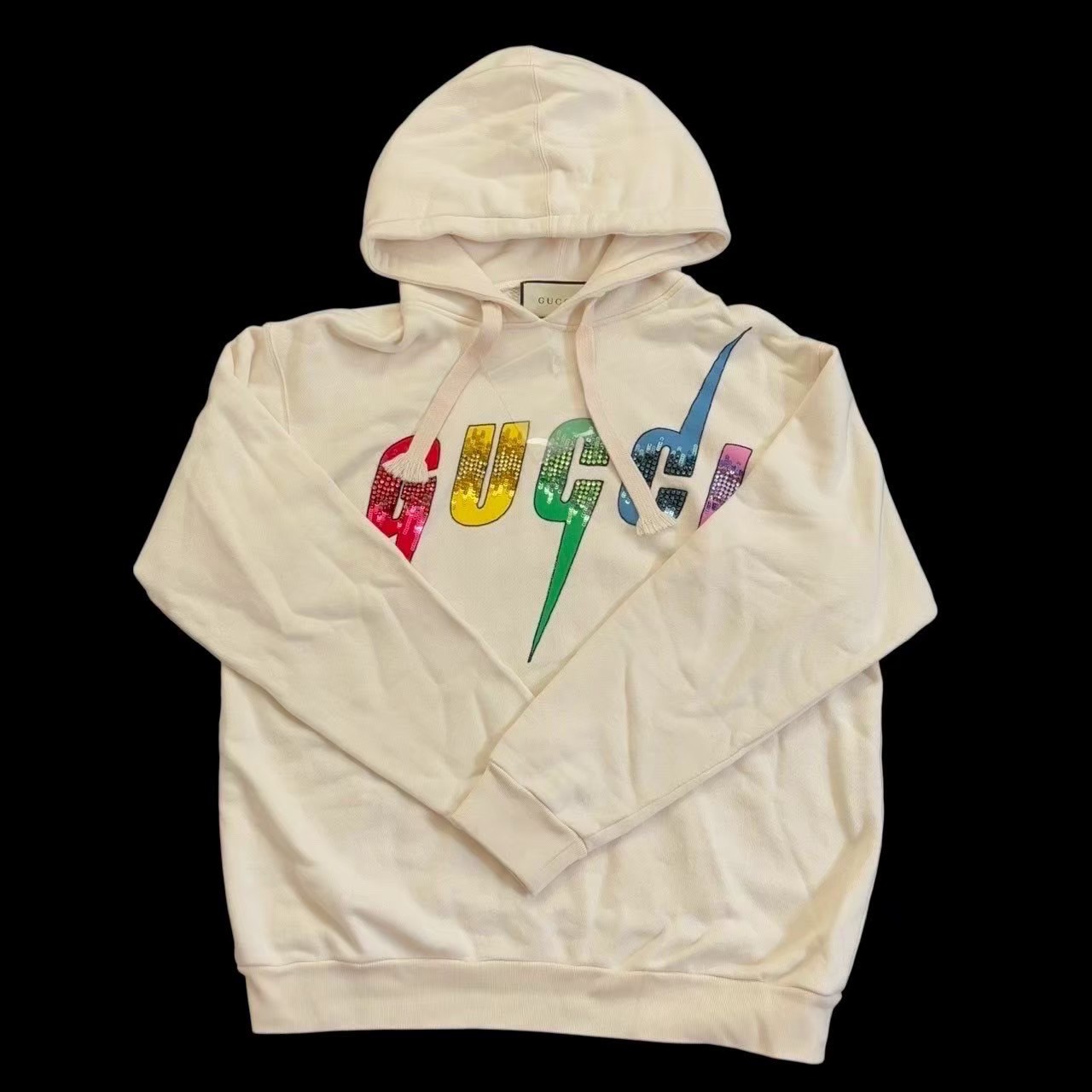 ［中古］GUCCI グッチ パーカー 流行り物 ブランド名服 お召しもの 白 マルチ色合い 白いこと ラメ スパンコール 多彩 好いたらしい 盛りだくさん ロゴタイプ M大いさ メンズ トップス-スウェット・トレーナー-メンズファッション