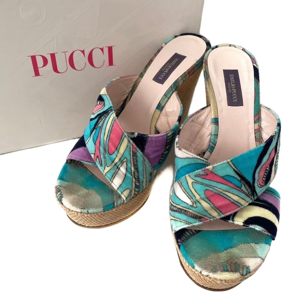 ［中古］EMILIO PUCCI エミリオ プッチ ミュール ブランド シューズ ブルー 773815 ミュール ウエッジ ソール ヒール マルチカラー サイズ 37 24cm相当 レディース