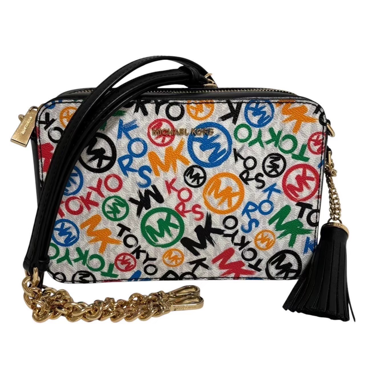 ［中古］MICHAEL KORS マイケル教科課程 ショルダーバッグ 黒 黒いこと マルチ色つや クロスボディバッグ 肩かけ 曲がった掛け 総柄 ロゴタイプ なめし革 レディース