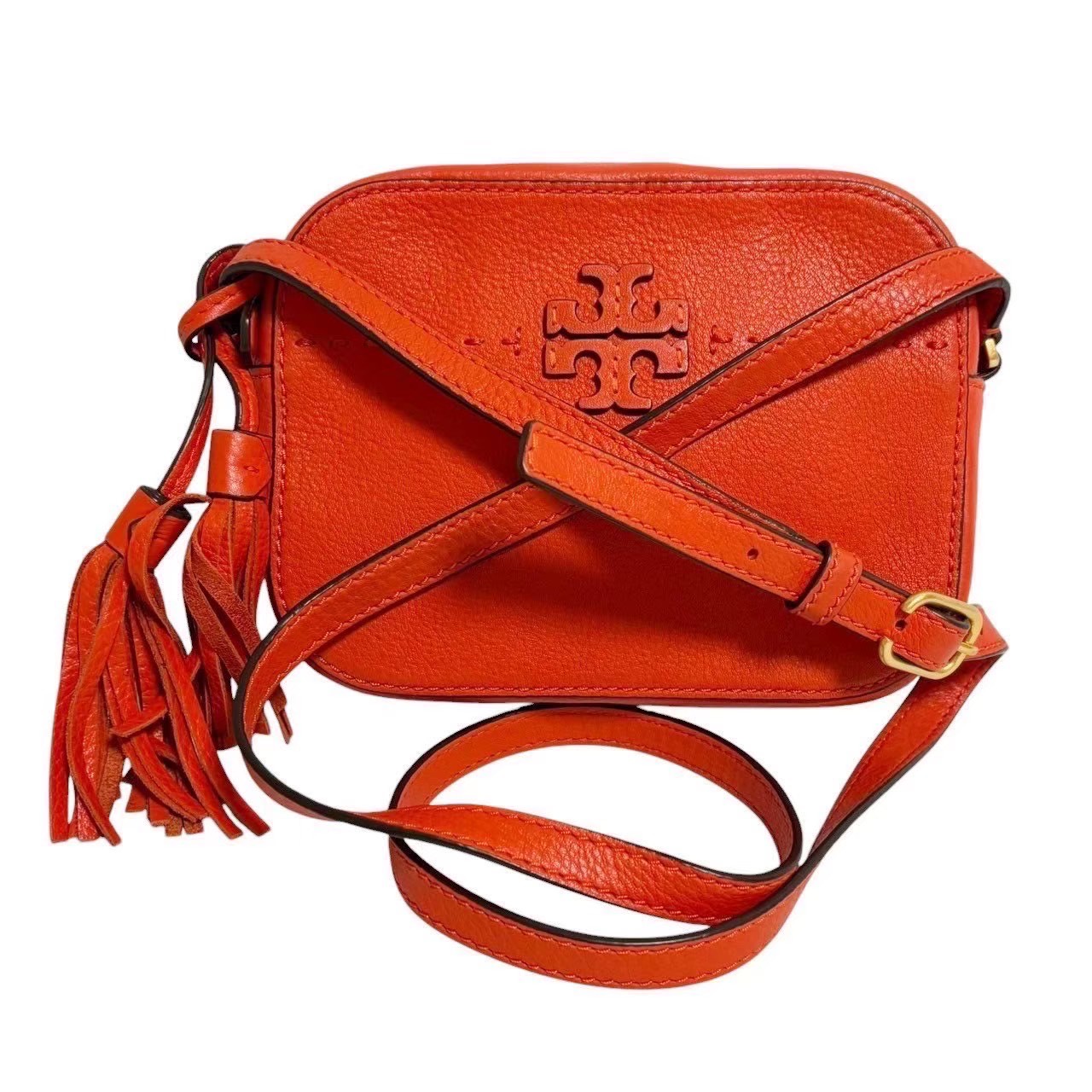 ［中古］TORY BURCH トリーバーチ ショルダーバッグ オレンジ系 クロスボディバッグ 肩掛け 斜め掛け ロゴ レザー ブランド バッグ 可愛い アクセントカラー レディース