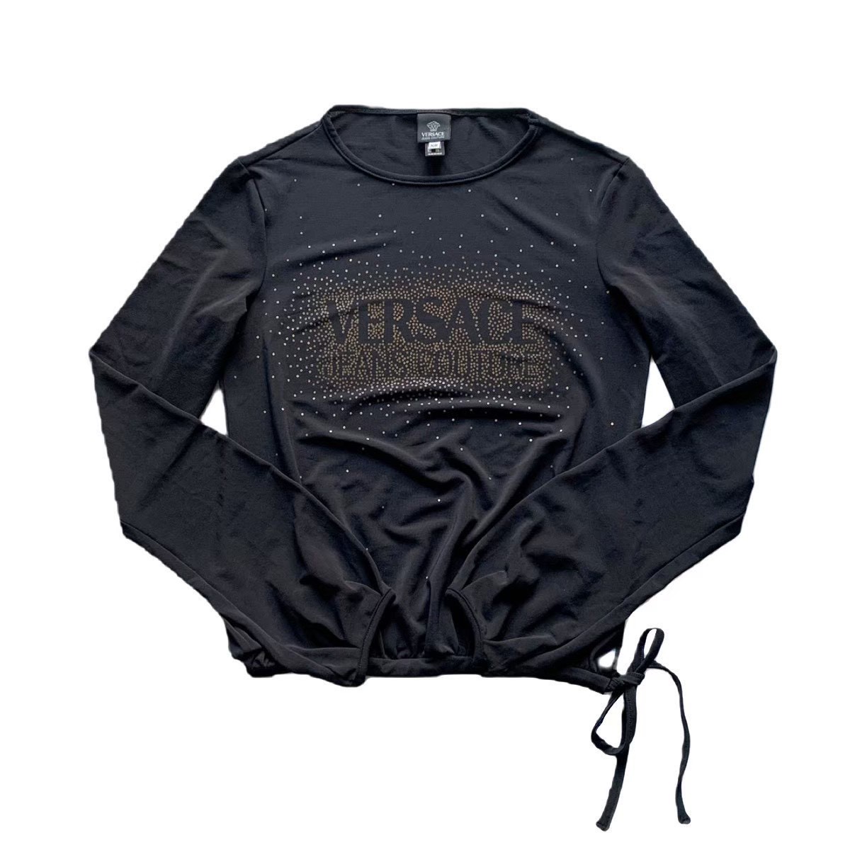 ［中古］VERSACE ヴェルサーチ JEANS COUTURE トップス 長袖 薄手 Tシャツ ブラック 黒 ポリエステル ストレッチ ロゴデザイン XSサイズ ブランド アパレル レディース