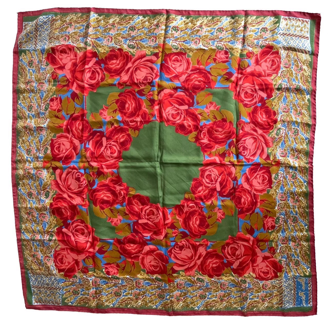 ［中古］NINA RICCI ニナリッチ スカーフ ストール レッド 赤 グリーン 緑 バラ 花柄 タイル シルク ブランド 小物 ファッション アパレル おしゃれ レディース