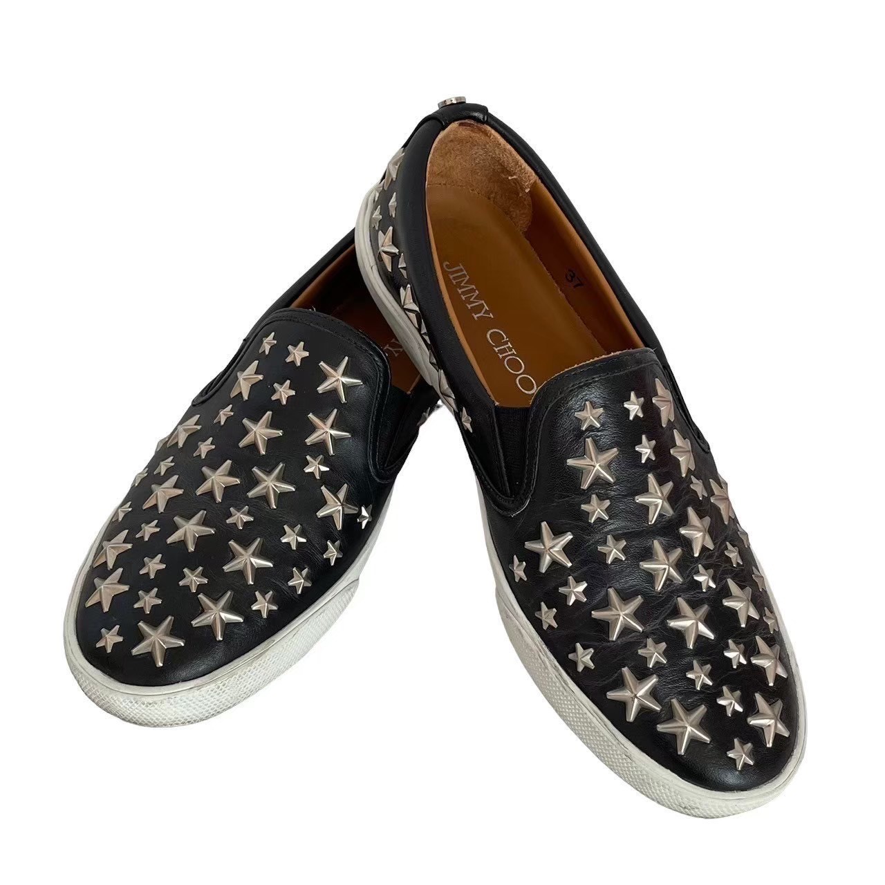 「中古」JIMMY CHOO ジミーチュウ スリッポン シューズ ブランド 靴 ファッション 黒 ブラック 星 シルバー 銀 ソフトレザー イタリア製 サイズ37 約23.5cm レディース|総合ブランドリユースClimb