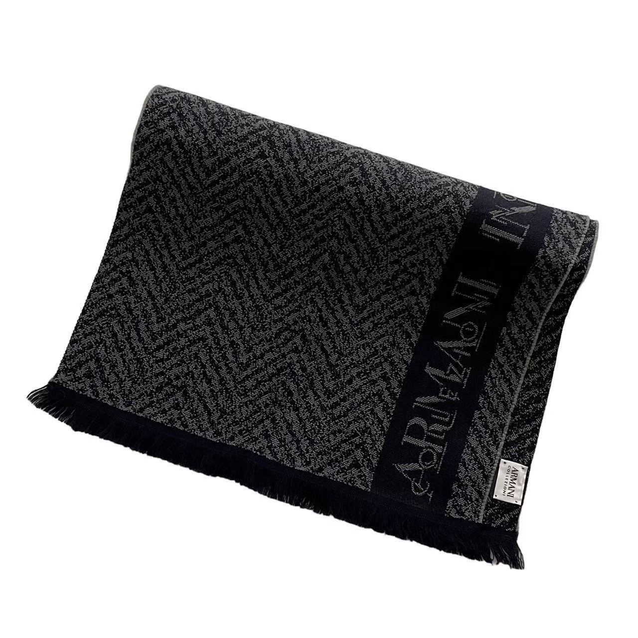 ［中古］ARMANI COLLEZIONI アルマーニ マフラー ファッション 小物 ブランド 黒系 ブラック グレー系 フリンジ ロゴライン ウール メンズ｜総合ブランドリユースClimb