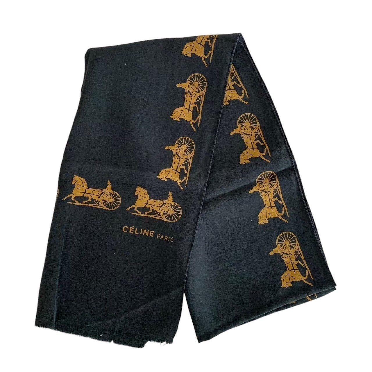 「中古」CELINE セリーヌ スカーフ ハイブランド ファッション 小物 ブラック 黒 ゴールド 金 馬車 馬 フリンジ PARIS 高級感 おしゃれ レディース｜総合ブランドリユースClimb