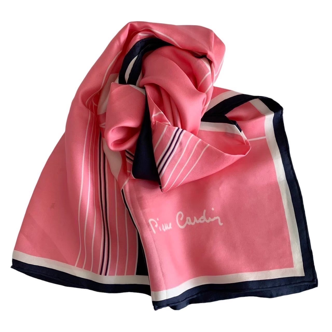「中古」pierre cardin ピエールカルダン スカーフ ブランド 小物 大判サイズ ピンク ネイビー 紺 ライン 水玉 ロゴ シンプル 可愛い レディース