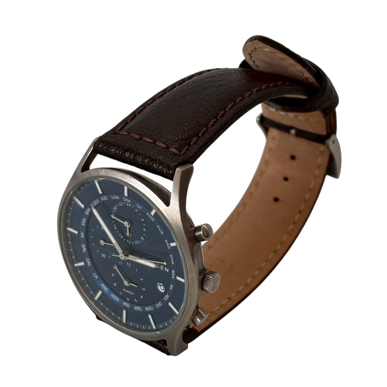 ［中古］【稼働品】 SKAGEN スカーゲン SKW6285 腕時計 時計 ワールドタイマー 日常生活防水 クォーツ チタニウム レザー ダークブラウン ブルー ファッション 腕時計 アクセサリー 腕時計 懐中時計 メンズ腕時計