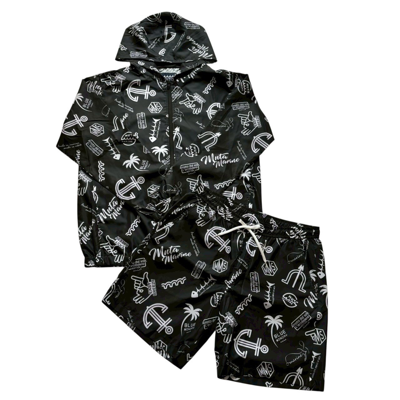 ［未当て嵌める］Muta marine ムータマリン セットアップ 黒 黒いこと 総柄 上衣 二分の一ズボン下 上衣 メンズ 大きさ6 L大きさ 一本調子 ブランド名