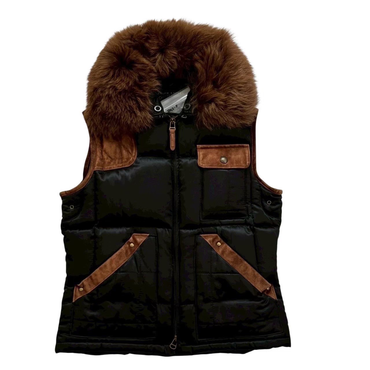 ［中古］Ralph Lauren ラルフローレン ダウンベスト 黒 茶 ブラック ブラウン リアルファー ダウン ベスト 上着 アウター レディース Sサイズ